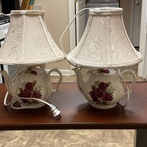 Elegant Floral Teapot Lamp Pair with Cream Shade